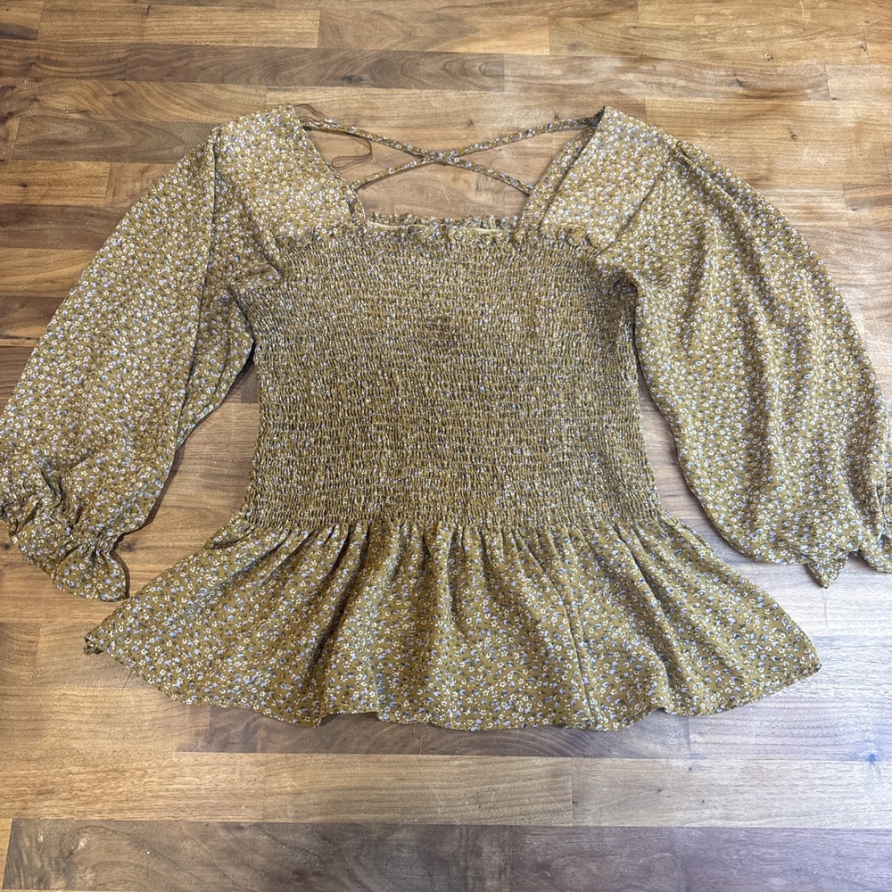 Y2K FANG Brown Smocked Babydoll Top 1XL Fairy Grunge Whimsigoth A00027